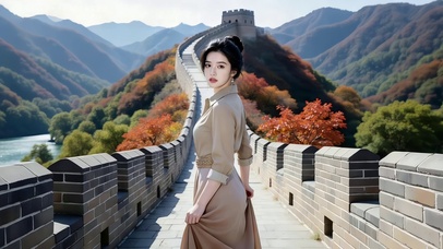 在长城游览风景的美女
