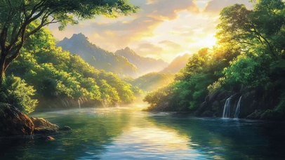 唯美朦胧夏日山林湖畔