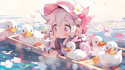 鸭鸭小女孩玩水