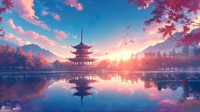 落日枫林古建湖畔