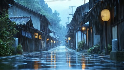 阴雨天气静谧古镇街道