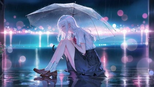 雨夜撑伞的银发美少女