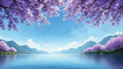 湖畔樱花飞鸟