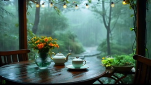 春雨天木屋品茶 