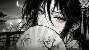 月夜古风折扇美少女