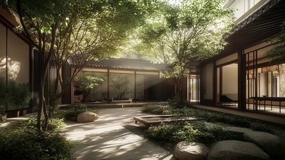 夏日绿色朦胧庭院花园