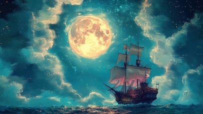 圆月星空云层海上帆船