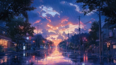 清新浪漫晚霞雨中城市