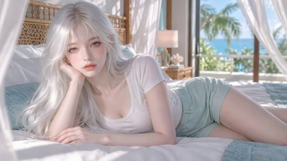 窗边银发清纯美女