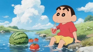 夏日清凉河边喝饮料的小新