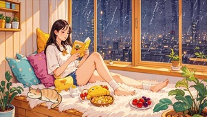 【雨景】窗前看书的少女