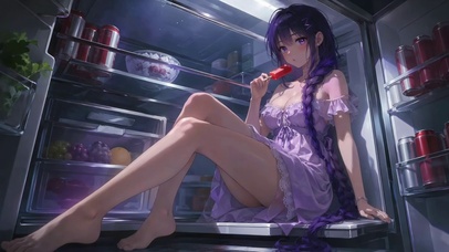 紫发少女坐冰箱内吃冰棒