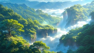 清新阳光云雾山谷