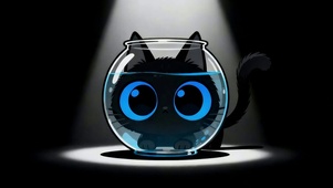 鱼缸后的小黑猫