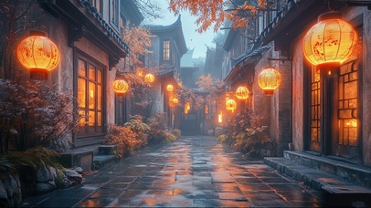 古镇秋日雨夜街景