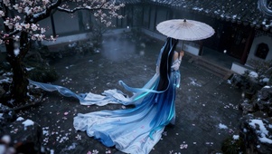 落樱雪天古风撑伞美人