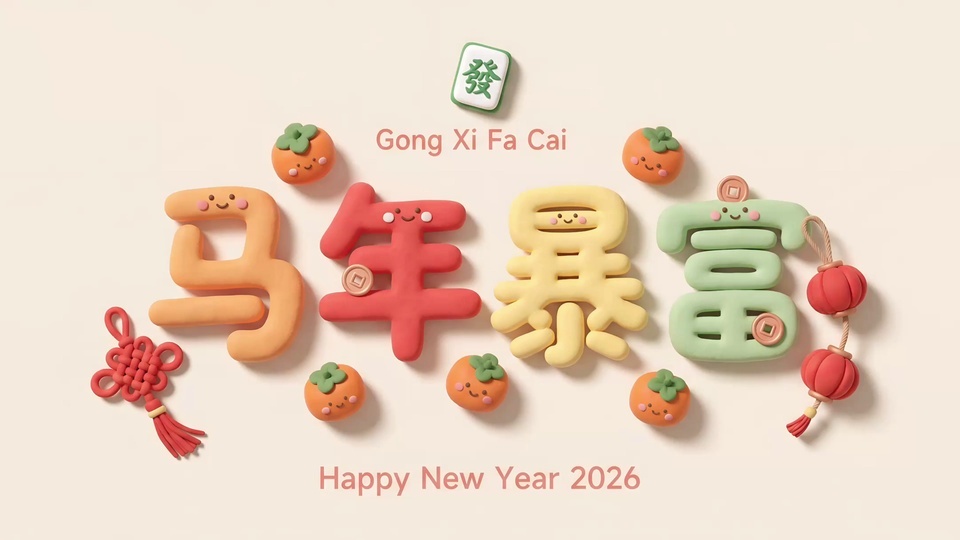 浅米色纯色背景上，带笑脸的立体黏土风马年暴富四字错落摆放，周围点缀迷你柿子、中国结、小灯笼与發字麻将块。