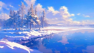 白雪覆盖的湖岸