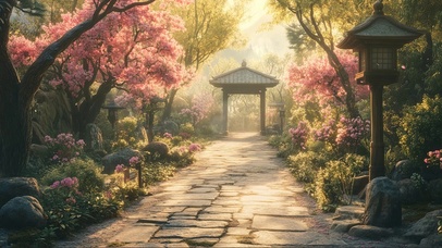 朦胧春日樱花绿树公园