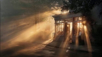 清晨城市街角商店光影