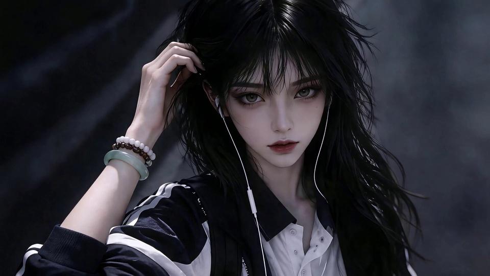 中近景暗黑系黑发绿瞳少女，抬手拨发，佩戴白有线耳机与多串手串