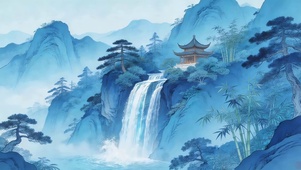 青色水墨山水