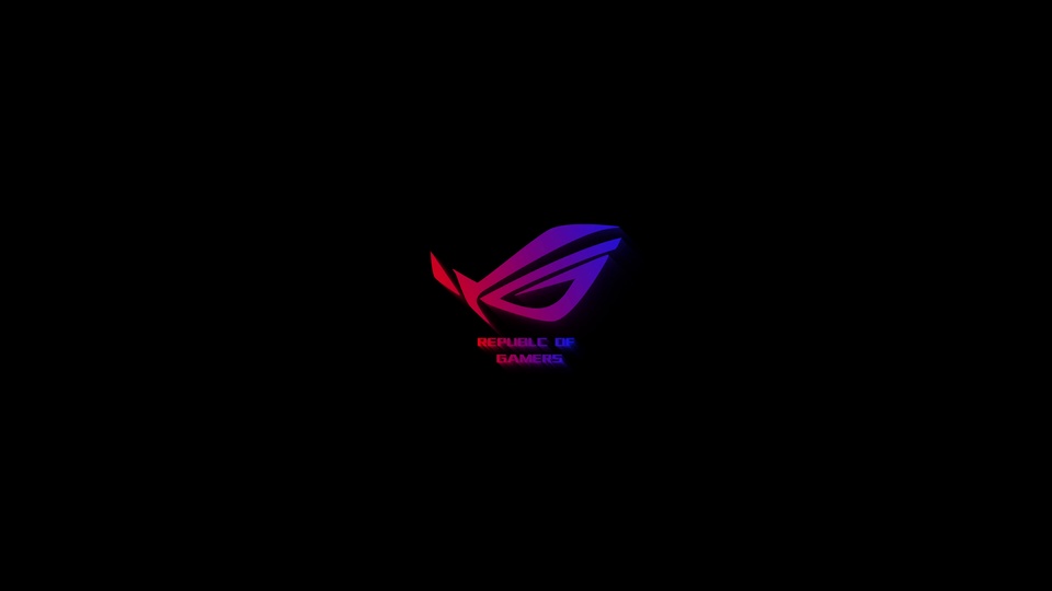 黑底ROG眼形标识与REPUBLIC OF GAMERS文字霓虹渐变动态画面