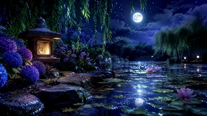静谧月夜河畔幽美夜景