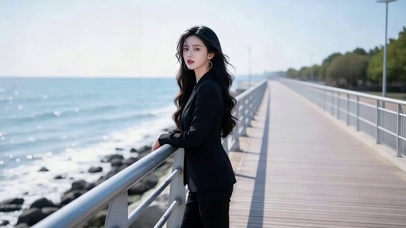 海边红树林岸堤职业装美女