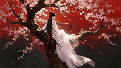 樱花树上长裙女孩