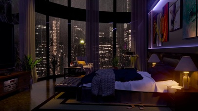 夜晚城市房间大雨