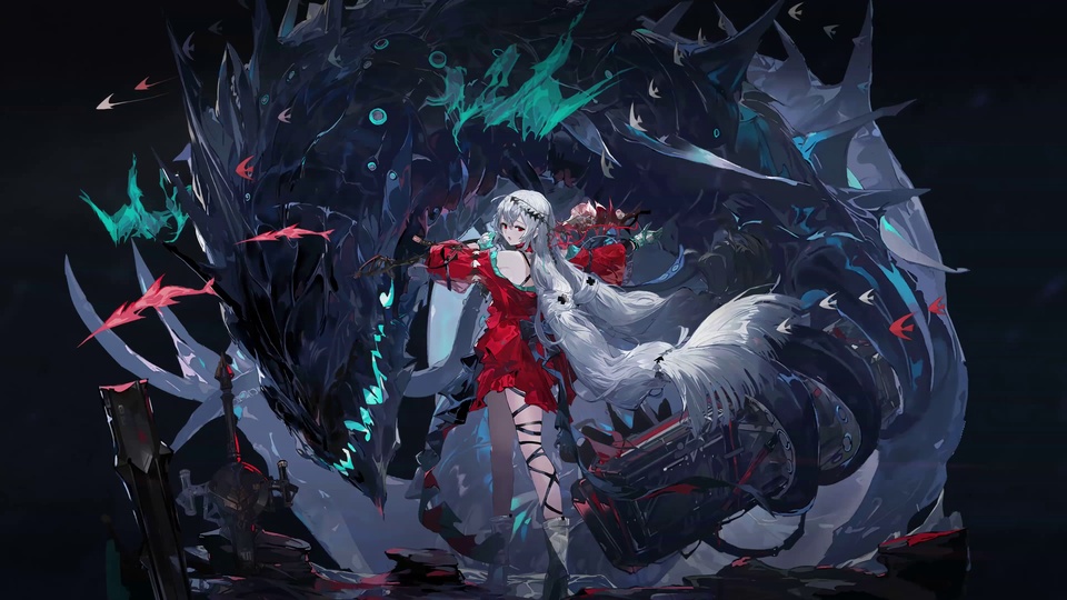 身着红裙的银发少女立于碎石地面，身后环绕带青蓝光效的巨型深色怪物，暗调背景点缀红白色流线形碎片。