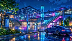 雨夜霓虹车站的蓝色跑车