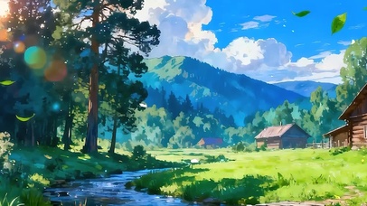 护眼蓝天白云花草树木带鱼屏