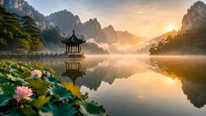 清晨国风山水荷塘