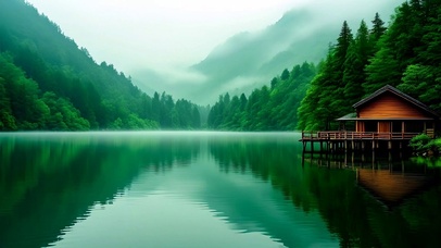 护眼绿色山水亭子