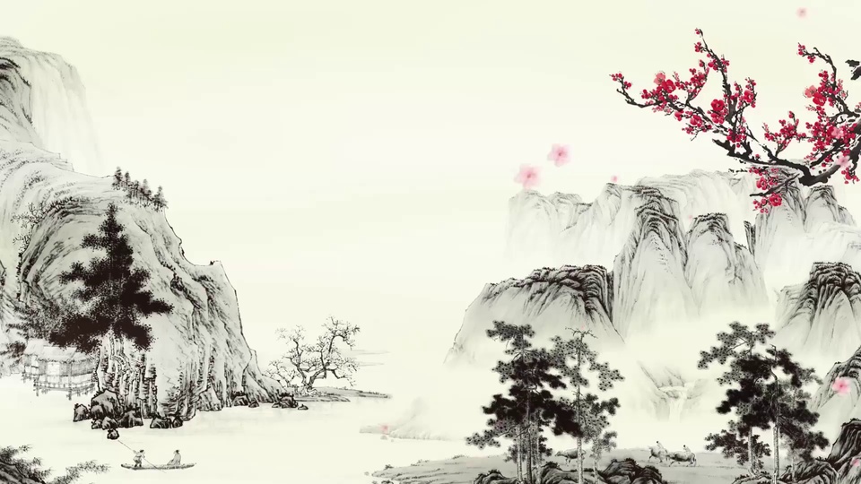 水墨国风山水图，层叠墨色山峦云雾缭绕，红梅从右侧探出，水面漂着载有两人的小舟，岸边有树木与屋舍。