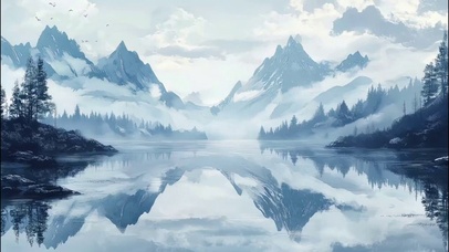 清新淡雅水墨雪山湖泊