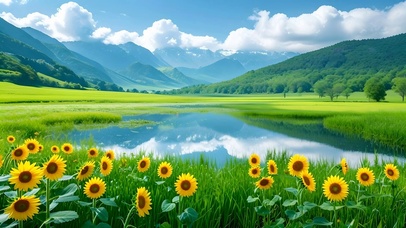 绿色护眼清新山水向日葵
