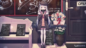 4K咖啡店前少女