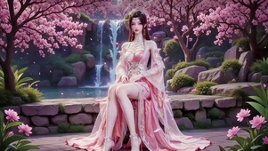 山石瀑布园林桃树映美人