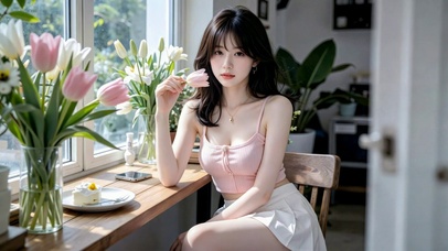 窗边持花清纯美少女