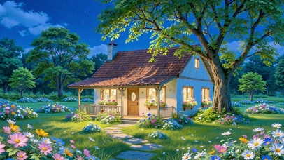 护眼乡村夜景小屋
