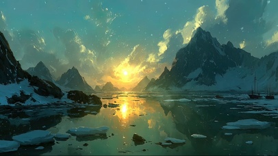 落日山谷海面浮冰