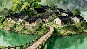 古风树木河流带鱼屏