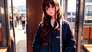 站在地铁里的可爱女孩
