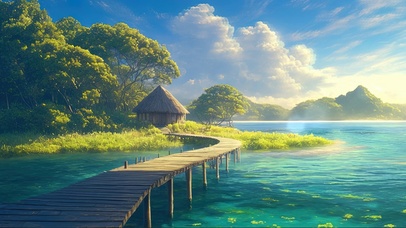 阳光清新湖泊岛屿码头