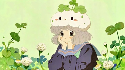 三叶草里的云朵帽少女
