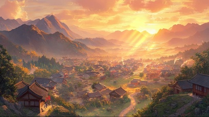 黄昏山林小镇木屋风景