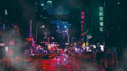 赛博朋克 夜雨香港街道